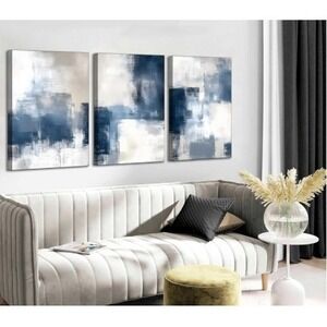 Modern Abstract Canvas Wall Art Set Blue White Gray 3 Piece‎
